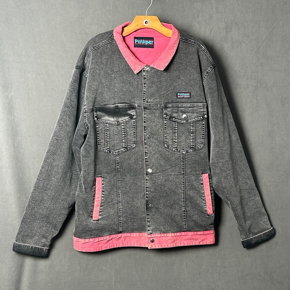 Pit Viper Reversible Denim Trucker Jacket Mens 2XL Black Red Acid Wash Button‎